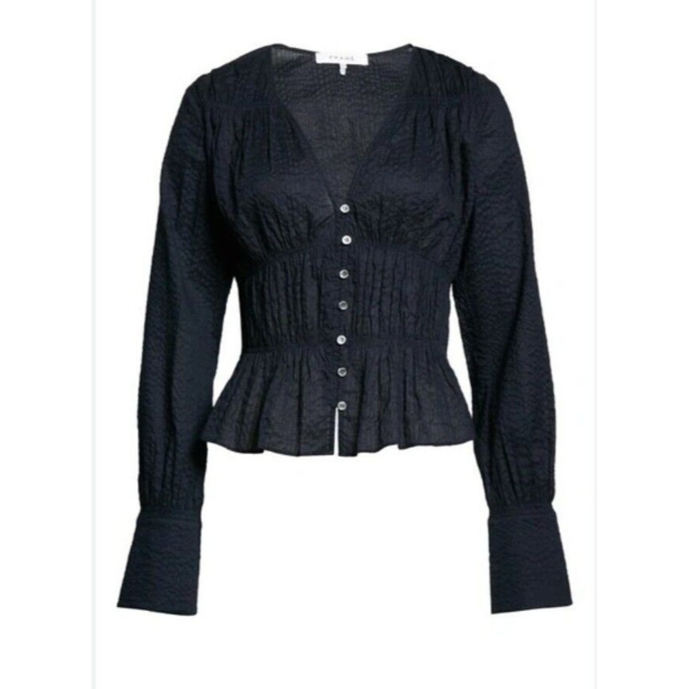 $329 Frame Women's Black Ruched Button Front Cotton Blouse Top Size XS/TP